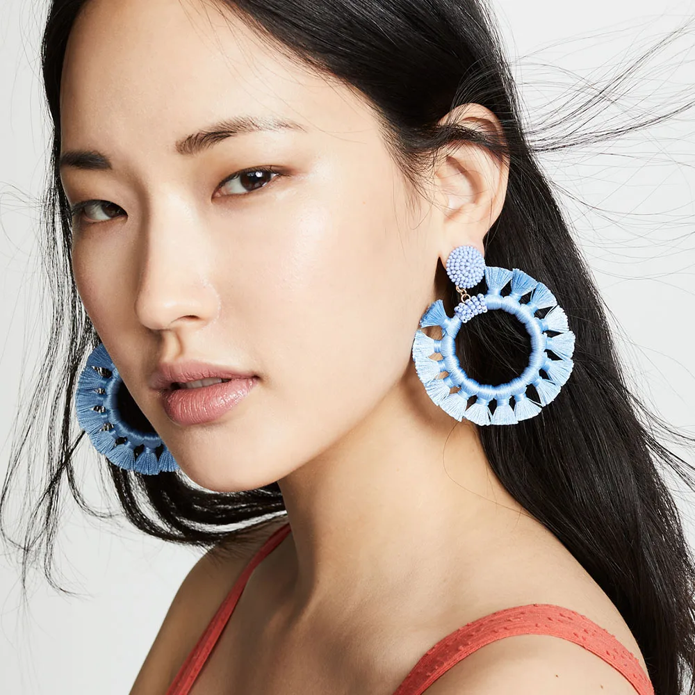

Ladyfirsy Bohemian Big Fringed Tassel Circle Drop Earrings Handmade Large Statement Seed Beads Earrings for Women Birthday Party