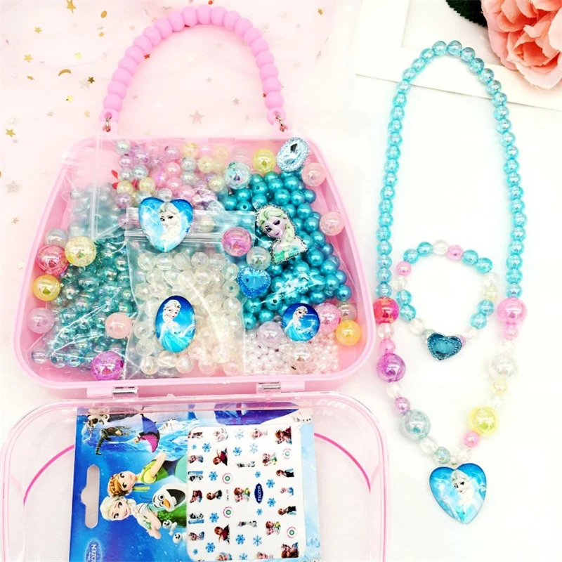 

Disney cartoon Frozen children DIY handmade beaded toy necklace+bracelet bag Elsa doll accessories cosmetic girl birthday gift
