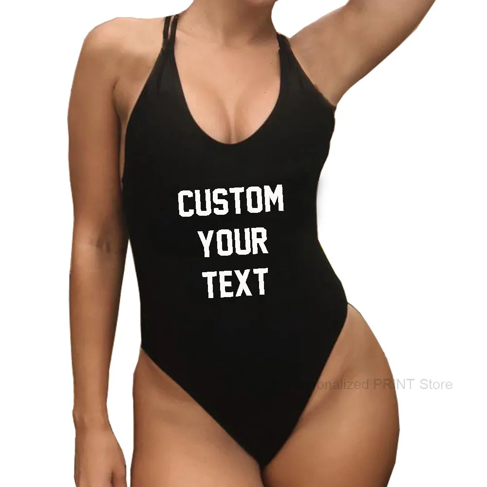 

One Pieces Swimsuit 2019 New Custom Text Swimwear Women Bathing Suit Letter Print Beach Tunic Sexy BLACK Bodysuit 3XL