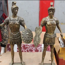 Bi003073 3" Китай Бронза Мужчины Воин Рыцарь Солдат Держать Щит Скульптура Статуя Пара