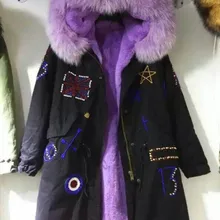 Подгонянный дизайн зимний mr мех для девушек парка с воротником из натурального меха енота, мода фиолетовый мех черная парка пальто, расшитые бисером