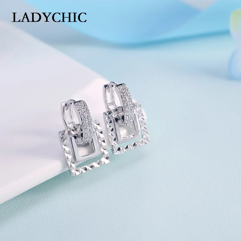 LADYCHIC, модный дизайн, квадратная форма, подвижные серьги-кольца, проложенные кубическим цирконием, кристалл, камень, женские серьги, ювелирное изделие, LE1016
