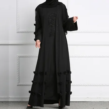 

Muslim Dress Women Flower Appliques Islamic Dubai Abaya Dresses Casual Long Sleeve Kaftan Maxi Dress Cardigan Robe Clothing