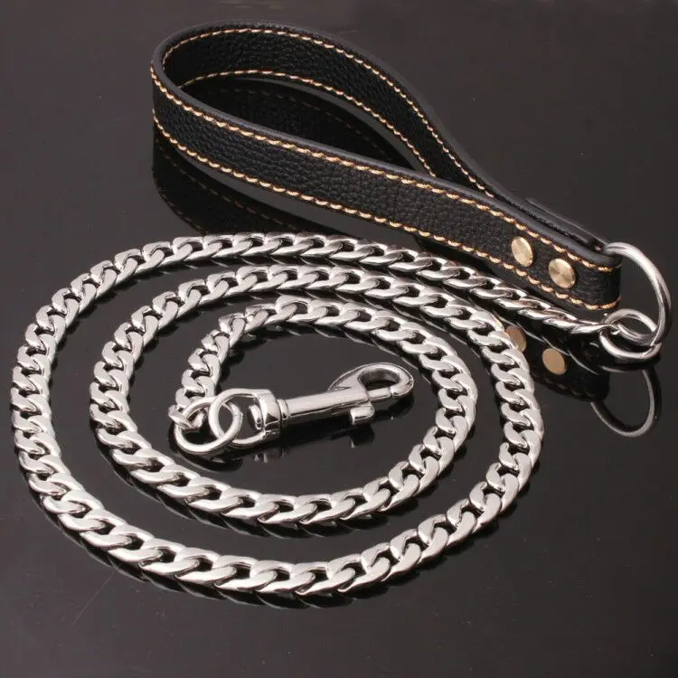 Leather Handle+Stainless Steel Chain Dog Leash Anti Bite Metal Dog Lead