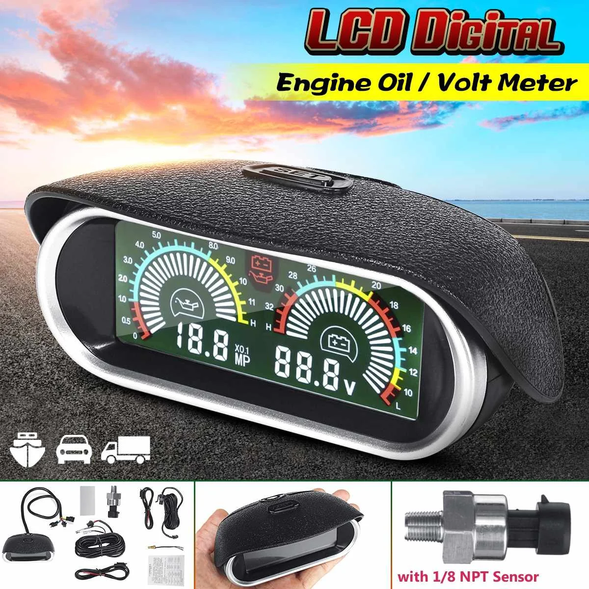 

2 in 1 LCD Car Digital Engine Gauge Oil + Voltage Meter with 1/8 NPT Sensor for Boat Car Truck Racing Universal 9-36V