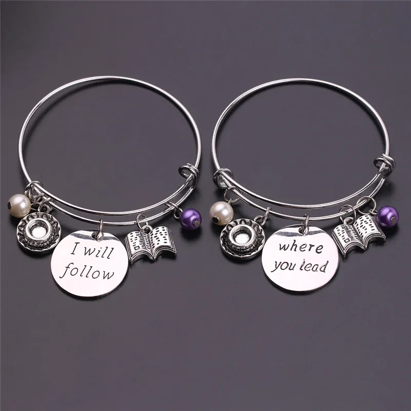 

2pcs/set"Where You Lead I Will Follow"Hand Stamped Bangle,Gilmore Girls Inspired Jewelry with Book,Teacup,Pearls Charm Bracelet