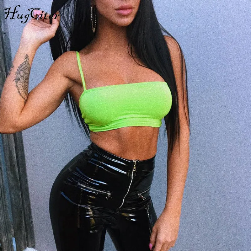 Hugcitar cotton spaghetti straps slash neck sexy crop tops 2018 summer women fashion camis