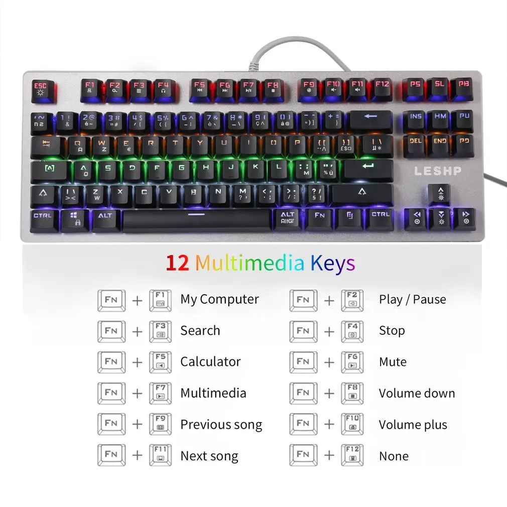 

LESHP Long Life USB Interface Wired Luminescent 6 Color LED Backlight Multimedia Mechanical Game Keyboard For Gaming Office