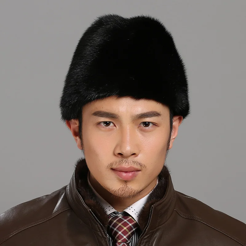 

Fur Hat For Men Real Mink Fur Warm Hand Made Hat Father's Day Winter Cotton&Polyester Lining Vintage Gentleman Russian Hat