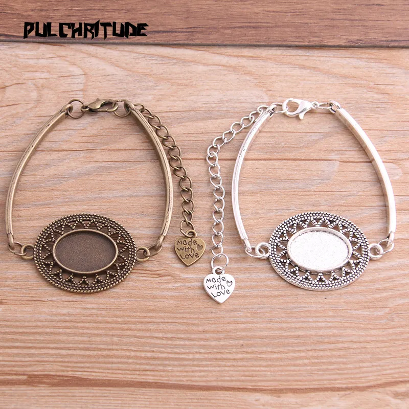 

PULCHRITUDE 1pcs Two Color Zinc Alloy Blank Bracelet Settings 13*18mm Oval Hollow Cabochon Bangle Bezel Trays Diy Jewelry Base