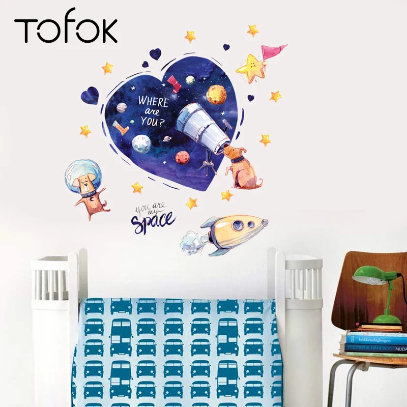 

Tofok Cartoon Dog Space Rocket Wall Sticker Removable Baby Children Room Mural Decals Lovely Nursery Store Decoration Paste