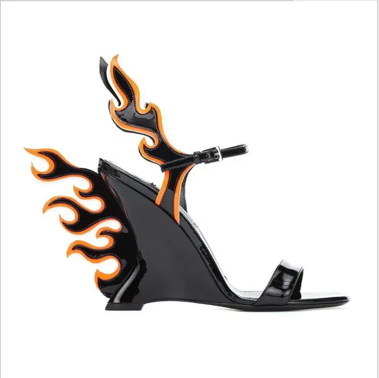 

2019 Newest Orang Flame Wings Wedge High heels Sandals Women Patent leather Runway Party Shoes Woman Gladiator Sandals
