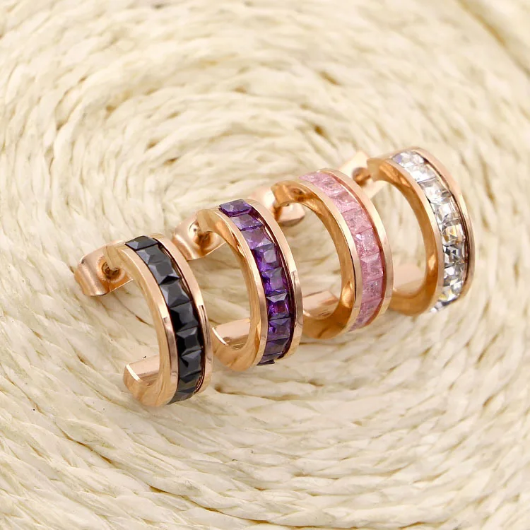 YUN RUO инкрустация цирконием полукруглые серьги-гвоздики цвета розового золота, серьги для женщин и девушек, подарок, ювелирные изделия из титана и стали, никогда не выцветают