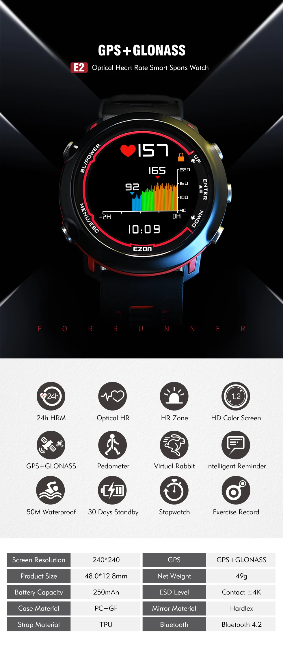 Смарт GPS спортивные часы для бега с цветным дисплеем и пульсометром на запястье на открытом воздухе 5ATM водонепроницаемые EZON E2