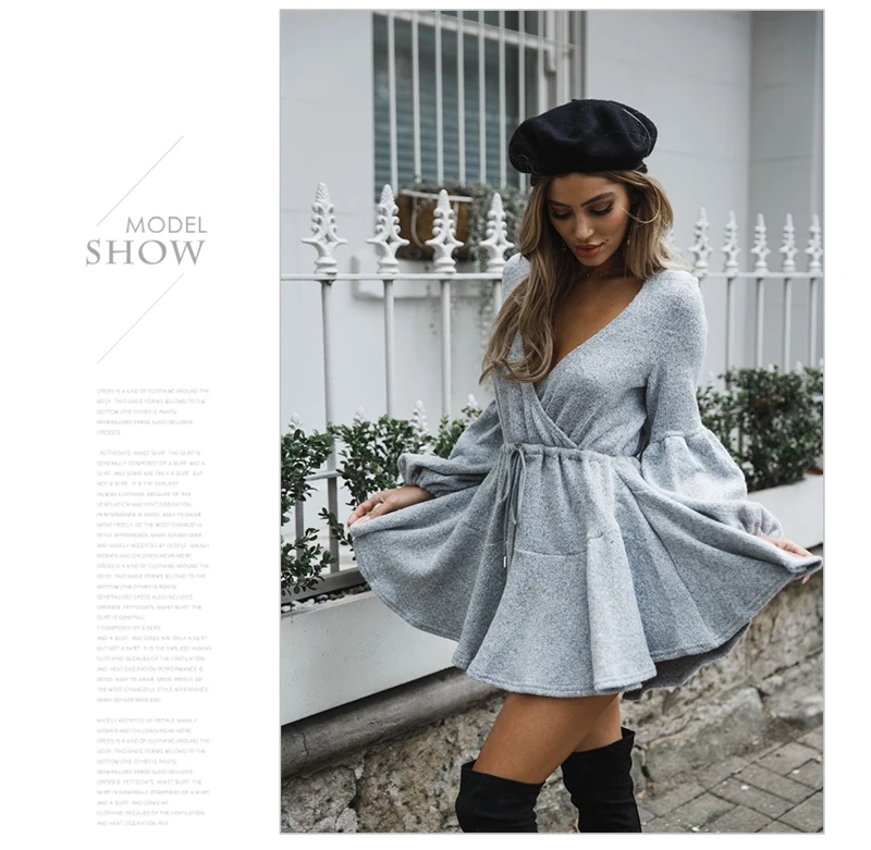Long Sleeve Women Sexy Dress Winter 2018 V Neck Bandage Sashes Ladies Mini Sweater Dresses Knitted Autumn Short Vestido Party    (9)