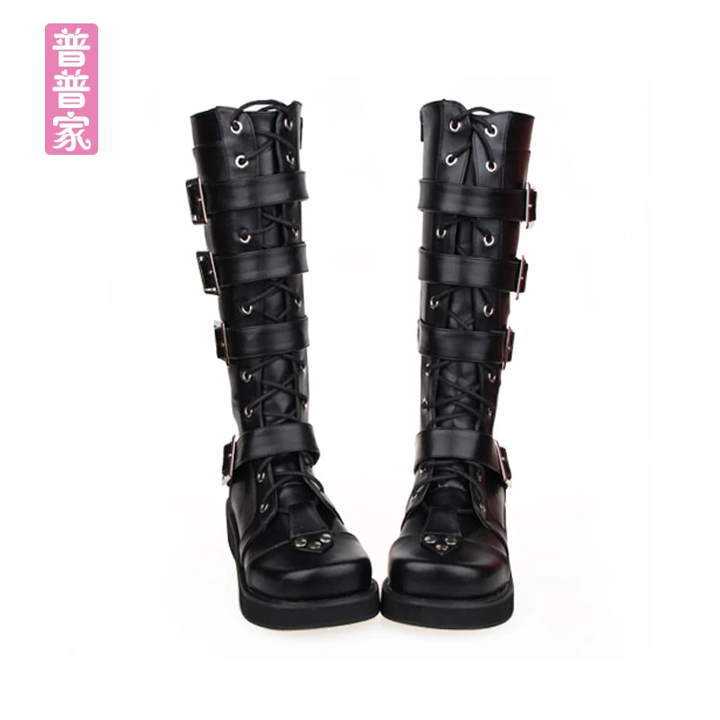 

Princess sweet punk shoes Autumn and spring Thick bottom slope with muffin belt buckle high barrel boots fashion pu9708