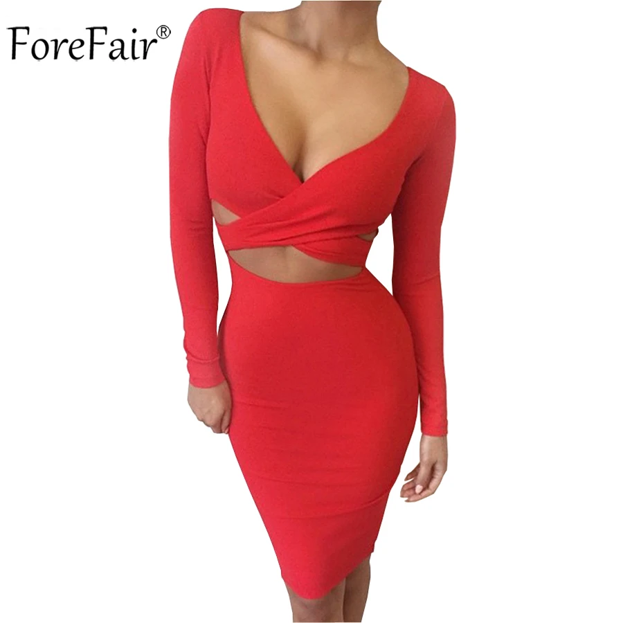 ForeFair с длинным рукавом Bodycon Midi Бандажное платье для женщин хлопок эластичные элегантные сексуальные платья белый черный красный Женское зимнее платье