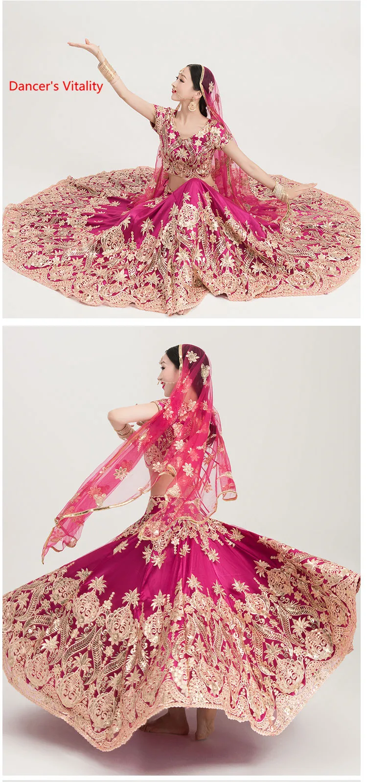 Роскошный костюм для танца живота с вышивкой для женщин, индийский танец, сценическая одежда, топы+ большая юбка-качели+ вуаль, комплект из 3 предметов