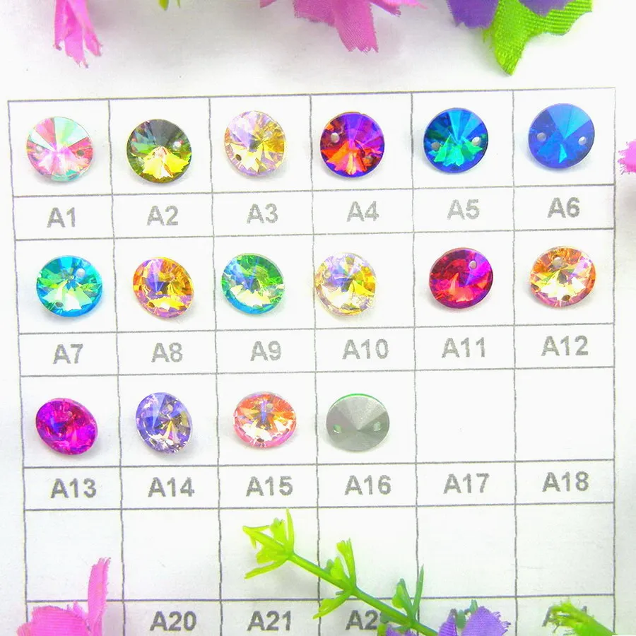 

Wholesale price glass crystal 8mm 10mm 12mm 14mm sew on AB colors Rivoli round rhinestone with two holes shoes applique diy trim