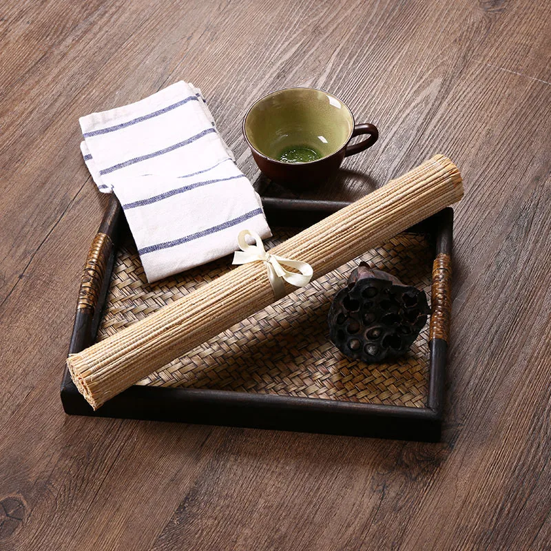  33*48cm Bamboo Rectangular Straw Curtain Table Cushion Tea Cup Pads Bowl Cushion Pot Plate Mats