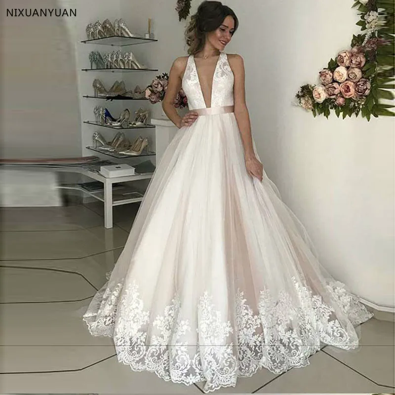 

V-Neck Wedding Dresses 2019 Tulle with Appliques A Line Boho Bride Dress Robe De Mariee Vestidos De Novia