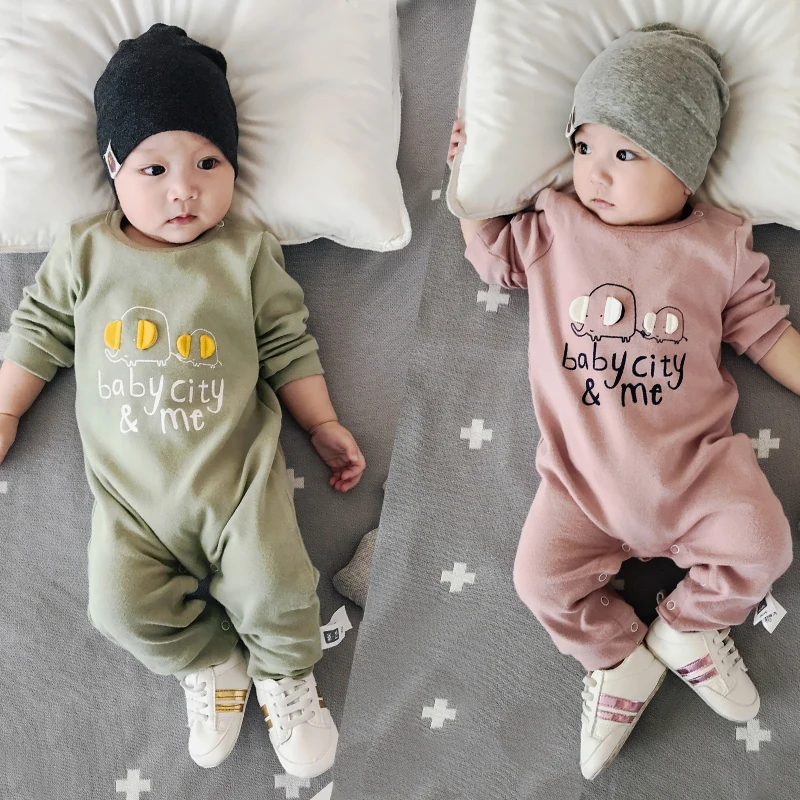 Lemonmiyu Cotton Toddler Pajamas Elephant Baby Rompers Long Sleeve Newborn Outfits Covered Button Infants One-piece Sleeper