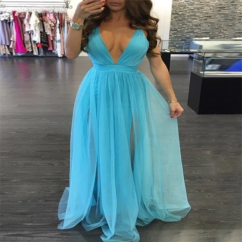 

Stylish Women dress Polyester Deep V-neck sleeveless casual solid Evening Party Summer Beach Dresses one pieces