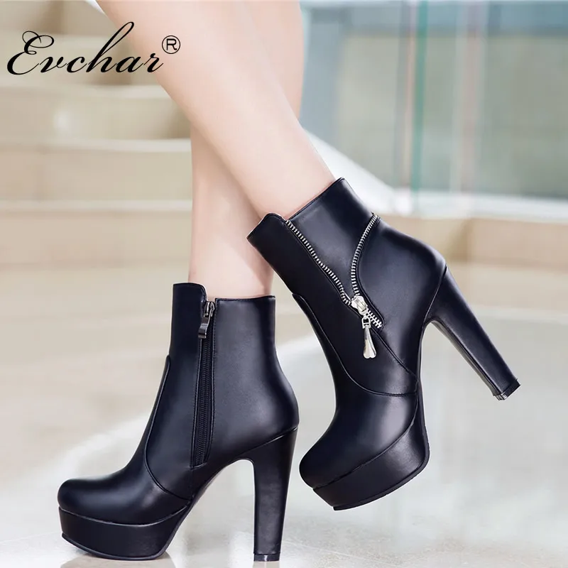 

EVCHAR New Sexy Women Boots Fashion Platform 4 colors Square super high heels Ankle boots For Woman Ladies Shoes big size 33-50