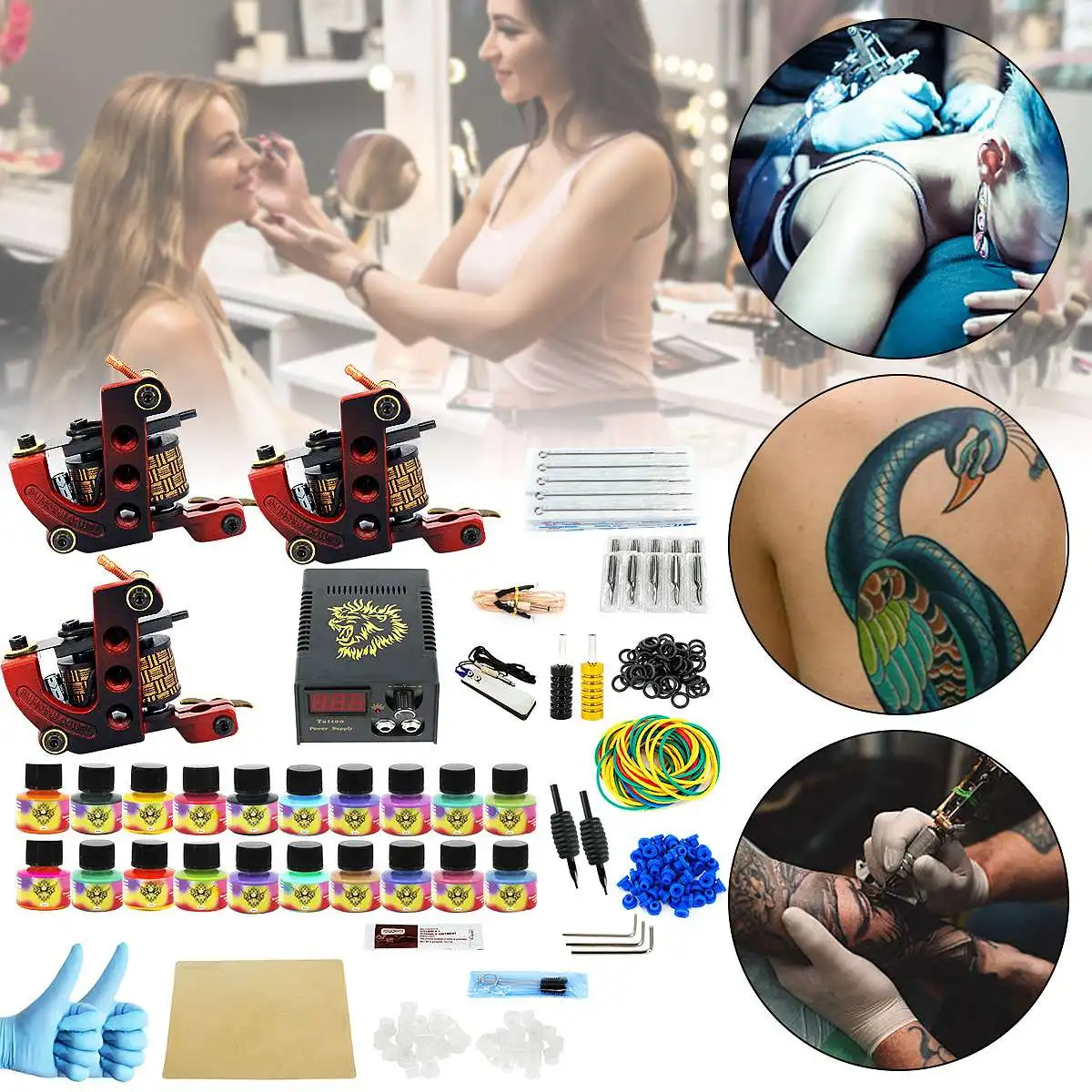 

Complete Tattoo Kit 3 Machines Guns 20Color Ink Set Power Supply Grips Body Art Tools Set Permanent Makeup Tattoo set