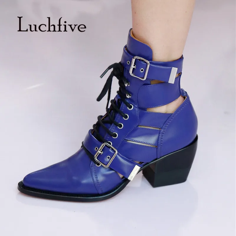 2018 Newest Cool Real Leather Ankle Boots Woman Pointed Toe Black Red Blue Snakeskin High Heel Boots Women Motorcycle Boots