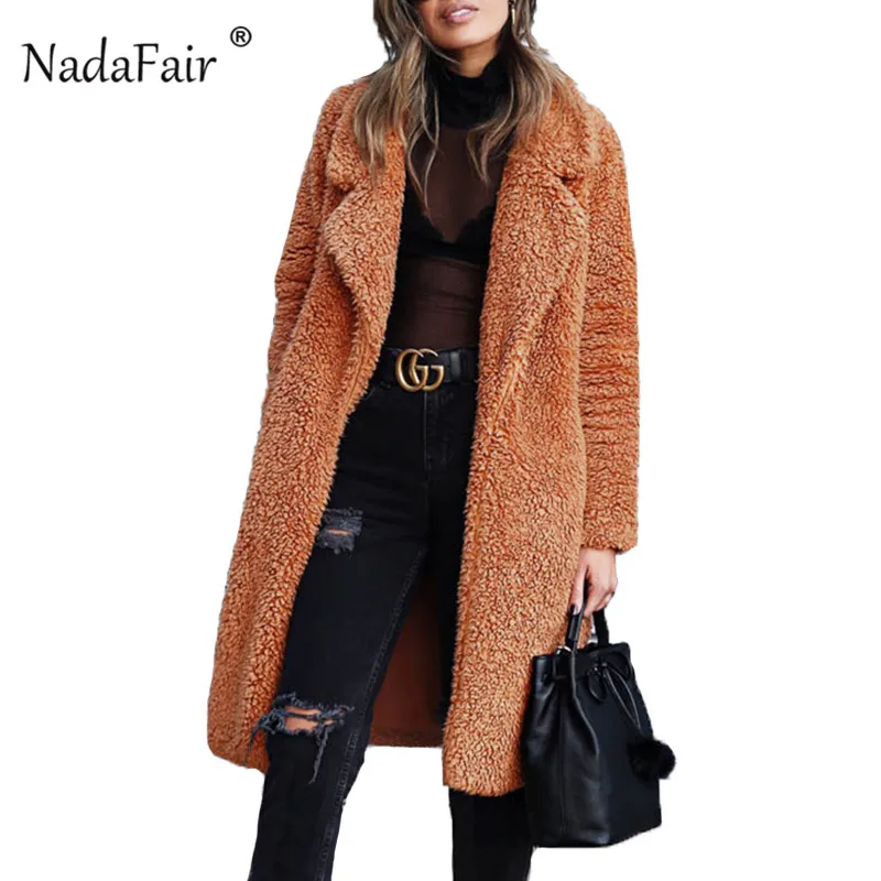 Nadafair women lamb faux fur long jacket coats open stitch female winter thick warm solid teddy coat fleece soft plush outerwear