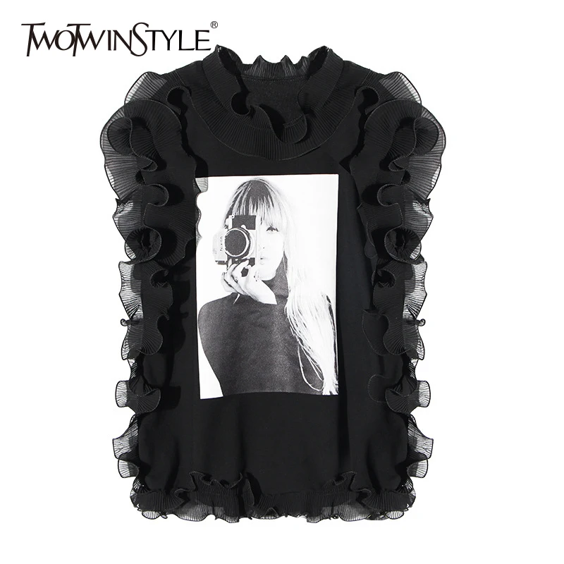 

TWOTWINSTYLE Ruffles Print T Shirt For Women Stand Collar Sleeveless Big Size Summer T Shirts 2019 Korean New Tops Clothing