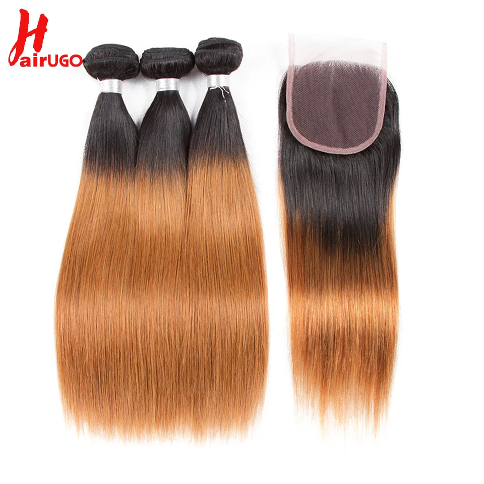 HairUGo волос Ombre Связки с закрытием 1B/30 Two Tone Ombre натуральные волосы Weave Бразильский прямо 3 Связки с кружевом застежка