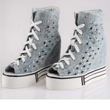 Очень дышащие женские летние парусиновые ботинки со стразами на шнуровке; Модная Повседневная джинсовая обувь на платформе с вырезами