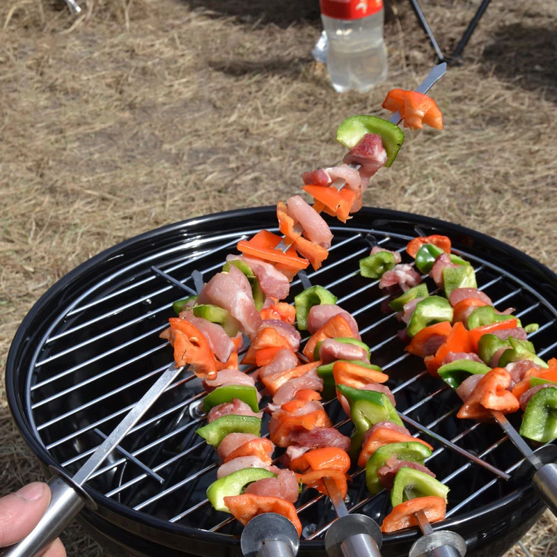 Stainless Steel BBQ Skewers with Food Remover Ring Portable Wide Barbecue Skewers Shish Kabob Sticks BBQ Accessories 43cm16.9'' (9)