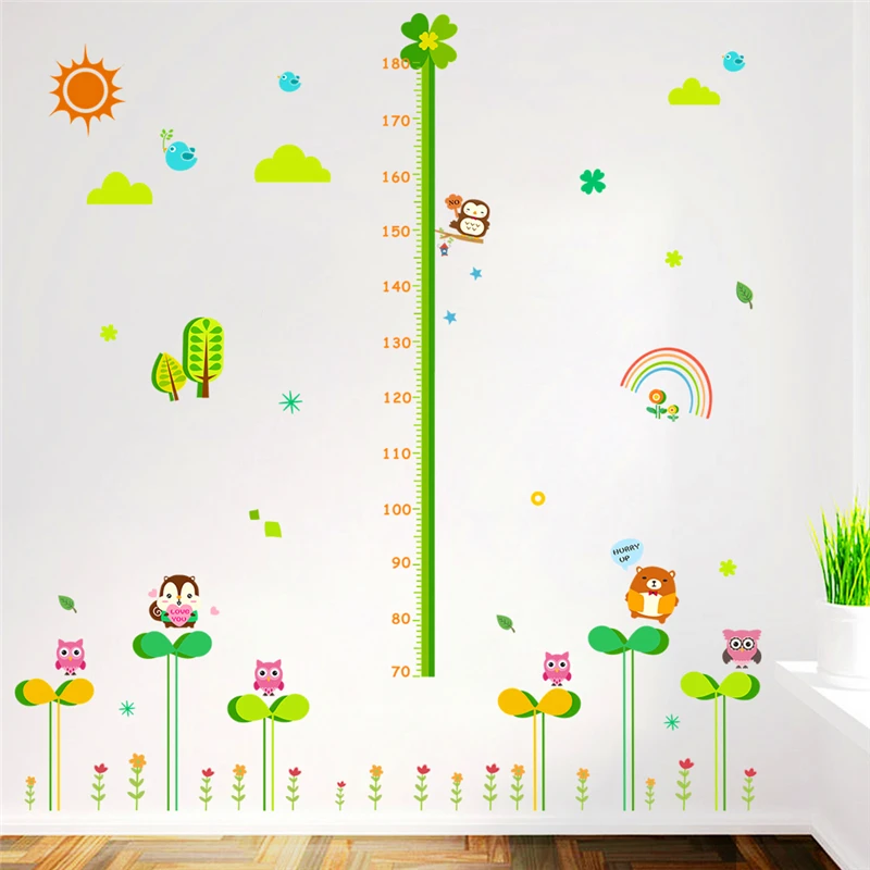 

lovely owl squirrel birds flower height measure wall stickers for kids rooms cartoon animals growth chart wall decals art mural