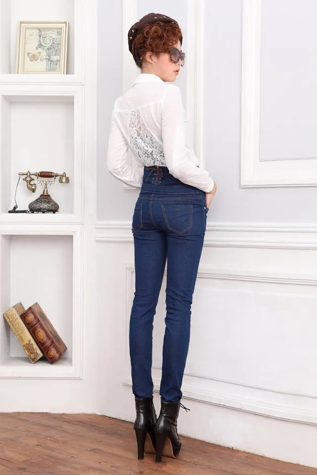 Модные женские туфли Высокая Талия обтягивающие джинсы Для женщин двубортный высокие эластичные тонкие брюки карандаш размеры s-xl