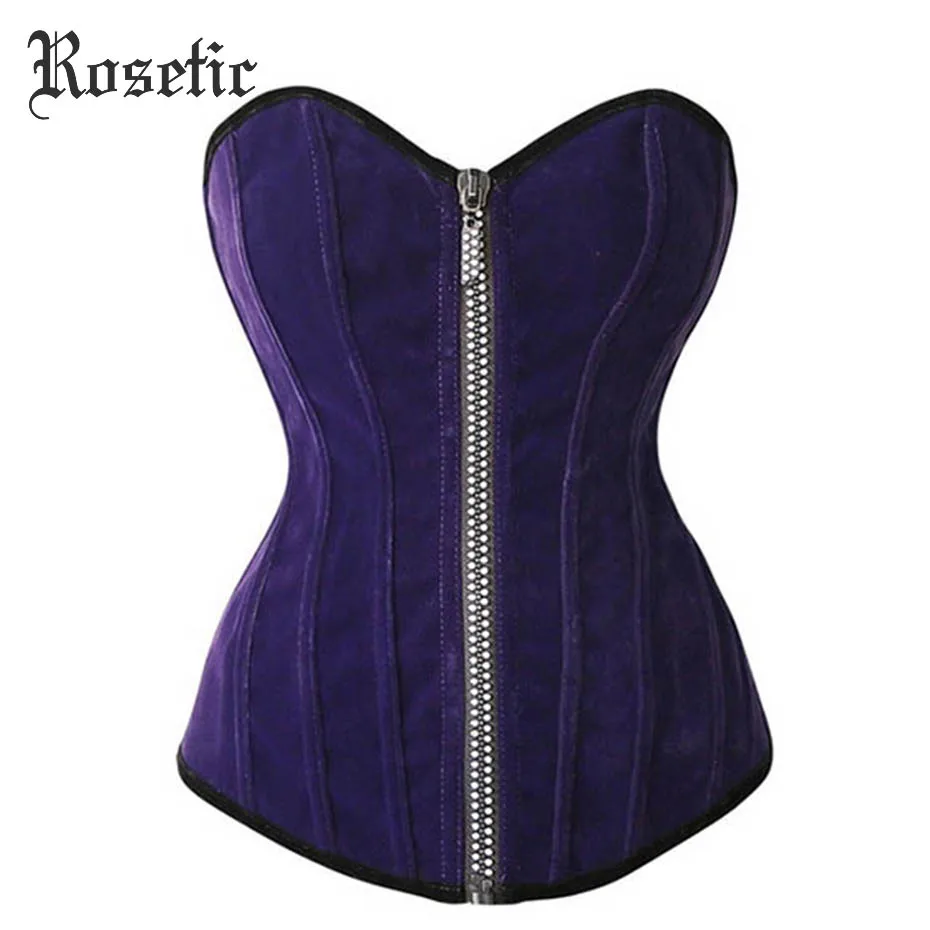 Rosetic Bustier Corsets Women Lace-Up Gothic Corset Vintage Sexy Tops Retro Zipper Purple Tight Goth Corselets Underbust Corsets