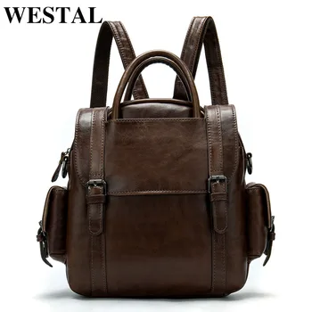 

WESTAL male small backpack leather bag for men's school bag travel backpack ipad bussiness bag for student shoulder pack 9546