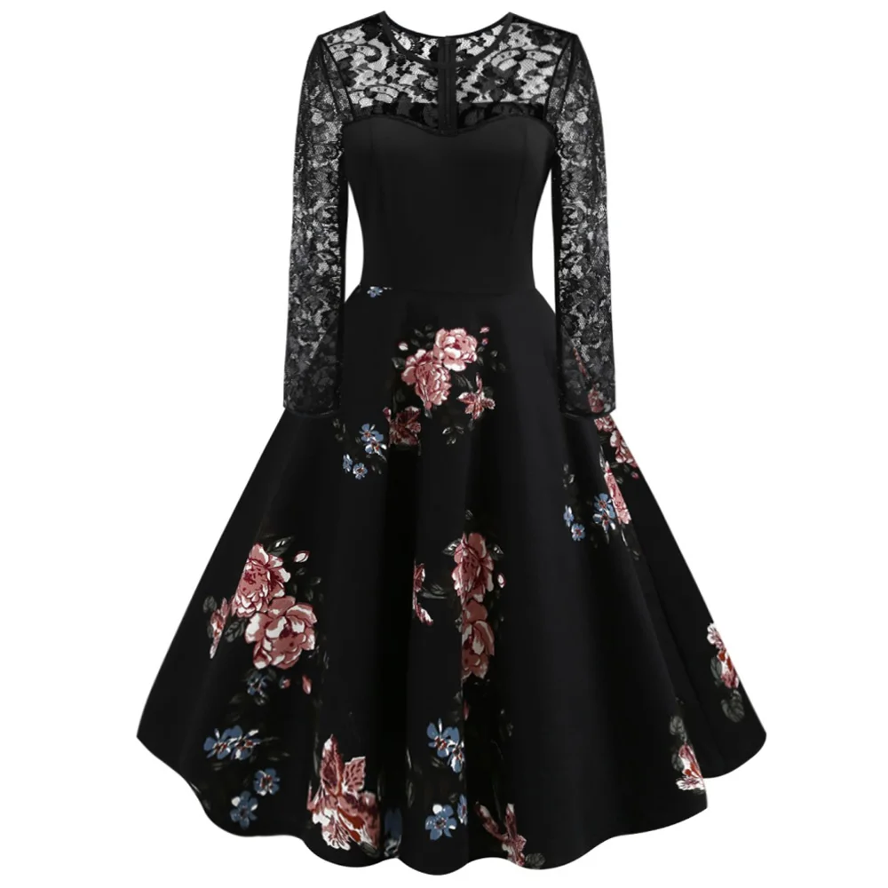 

Joineles Floral Print Women Midi Vintage Dress Lace Long Sleeves High Waist Retro Dress 1960s Audrey Hepburn Rockabilly Vestidos