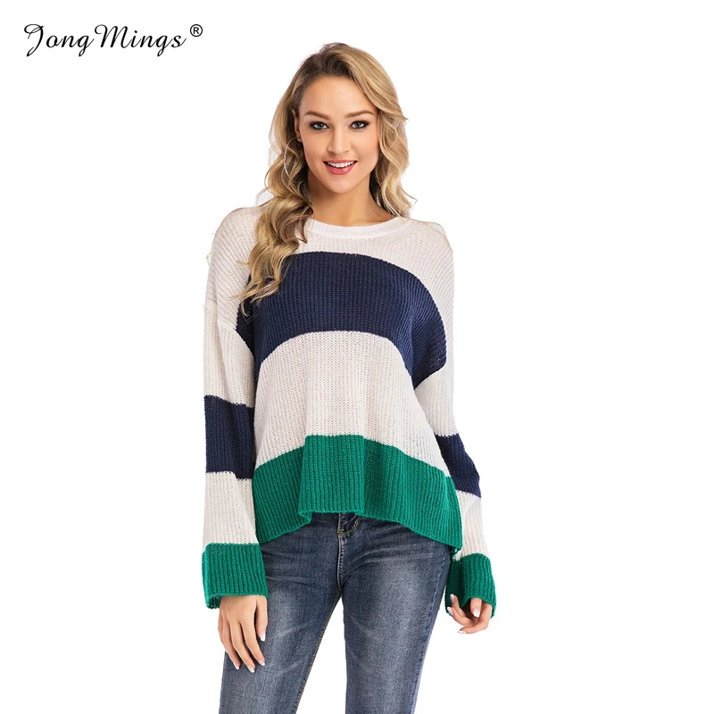 

Spring Casual Women Pullover Stripe Knitted Sweaters Female 2019 Autumn Fashion Long Sleeve Contrast Color Sweaters Streetwear