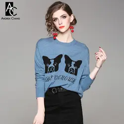 Осенне-зимний женский свитер с буквенным принтом и двумя собачьими мордочками, черный, бежевый, синий свитер, Модный повседневный милый