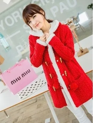 Зимний женский свитер пальто с длинным рукавом чистый цвет однобортный вязаный кардиган с капюшоном женский свитер теплый тонкий L149 - Цвет: Red