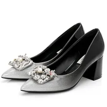 Luxury Pumps Black Genuine Leather Square Heels Pumps Sexy Pointed Toe Elegant Party Shoes Women Office Lady Shoes E0052 Luxury Pumps Black Genuine Leather Square Heels Pumps Sexy Pointed Toe Elegant Party Shoes Women Office Lady Shoes E0052