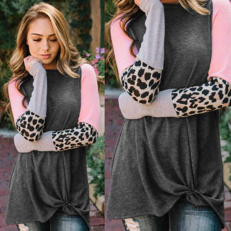 Najtaniej Seksowne okrągłe wycięcie pod szyją dopasowanie kolorów wygodne Leopard Top na co dzień z długim rękawem koszula kobiety moda T Shirt