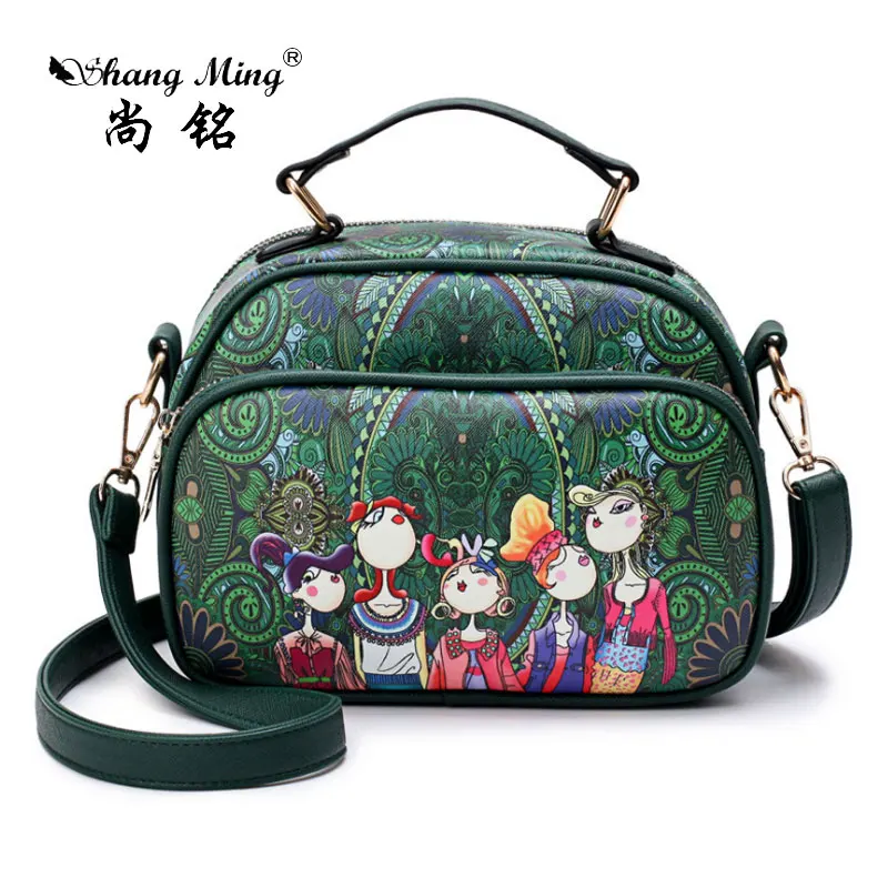 

Shangming 2017 Fashion Dark Green Forest Character Printing Horizontal Band With Retro Shoulder Bag Multi-functional Handbag