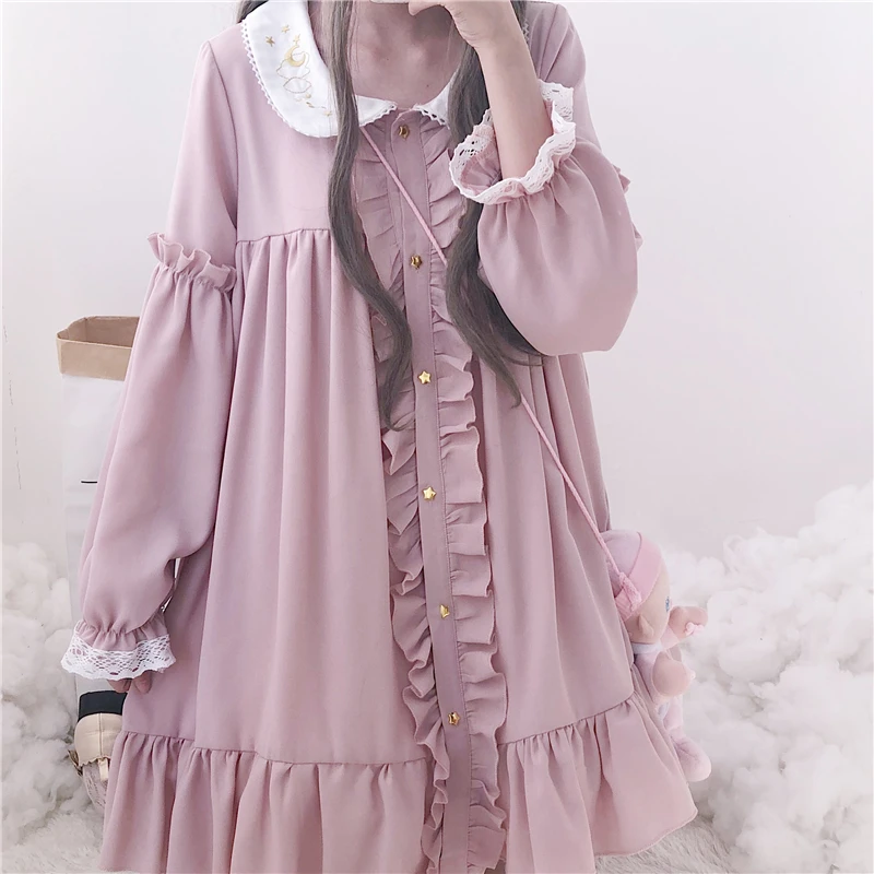 Woherb 2020 Summer Dress Women Harajuku Pink Ladies Ruffle Lace Patch Kawaii Dresses Lolita Cosplay Sweet Loose Vestidos 21092