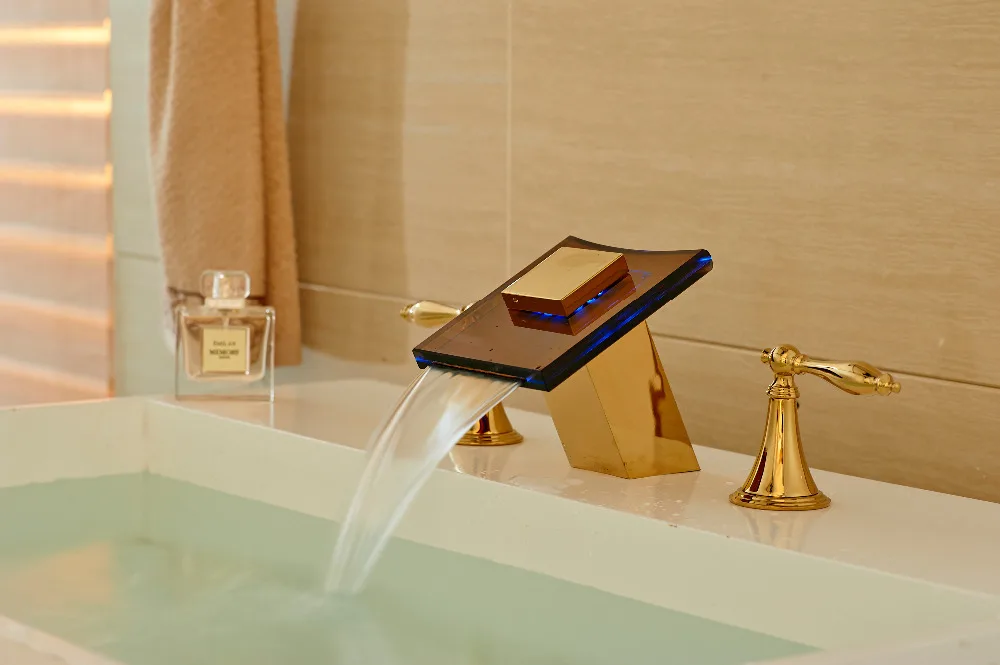 

LED Color Changing Waterfall Basin Faucet Dual Handles Sink Mixer Golden Finish