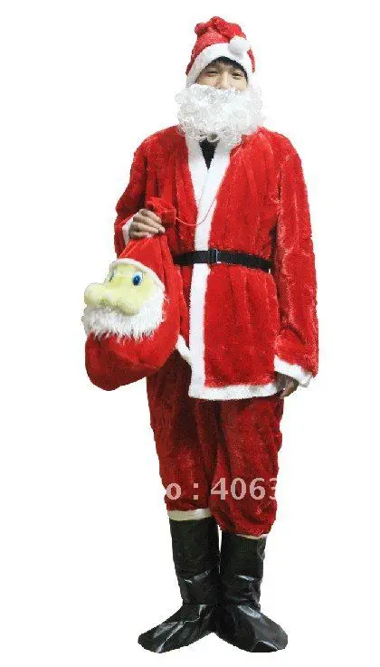 Высококачественный длинный плюшевый Рождественский костюм для взрослых(7 шт. в комплекте), одежда Санта-Клауса Рождественский костюм, сумка, ботинки