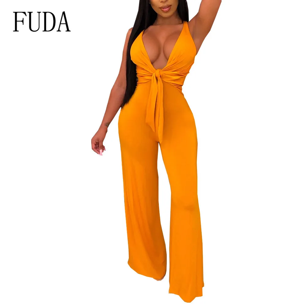 

FUDA New Arrival High Waist Long Jumpsuits Summer Sexy Deep V-neck Tie Up Sleeveless Female Wide Leg Rompers Playsuits Overalls